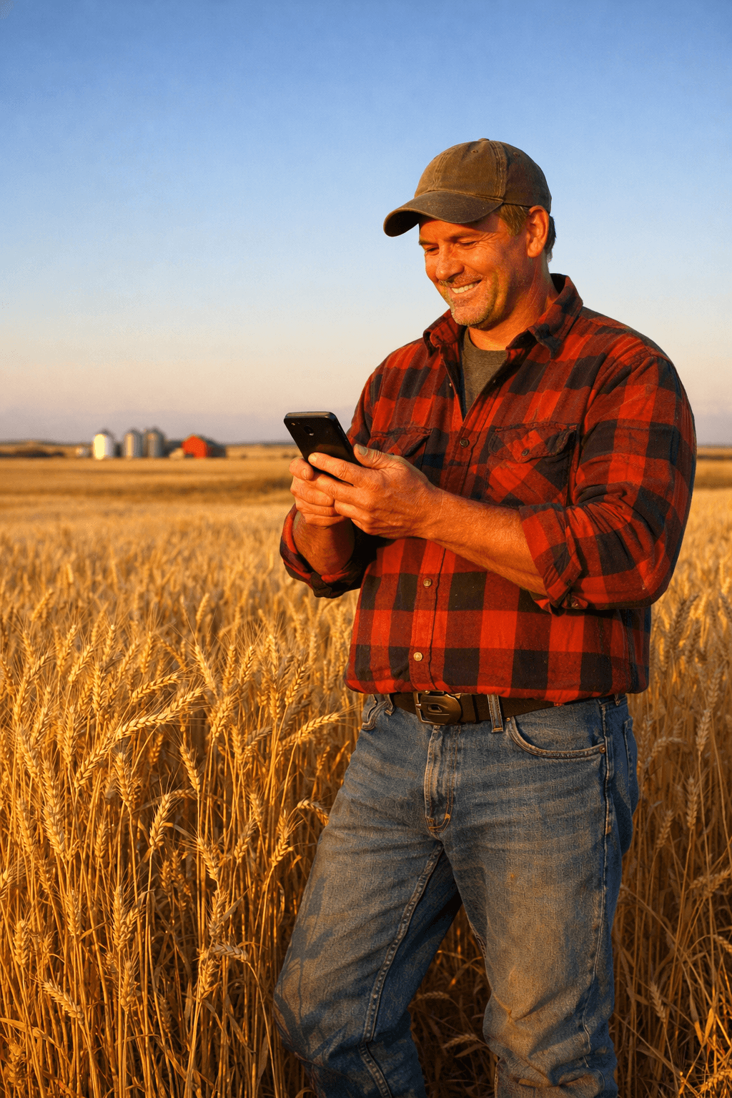 Farmer using phone in wheat field